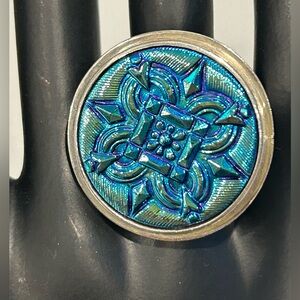 Vintage Amy Kahn Russell Blue Czech Glass Sterling Silver Ring